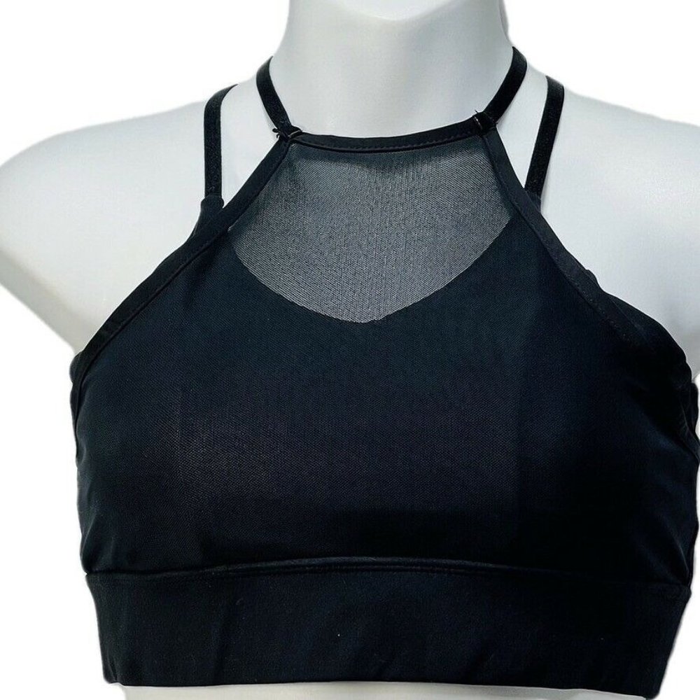 DRAGON FIT Sports Bra Black High Neck Mesh Front Double Tap Crossback Size S